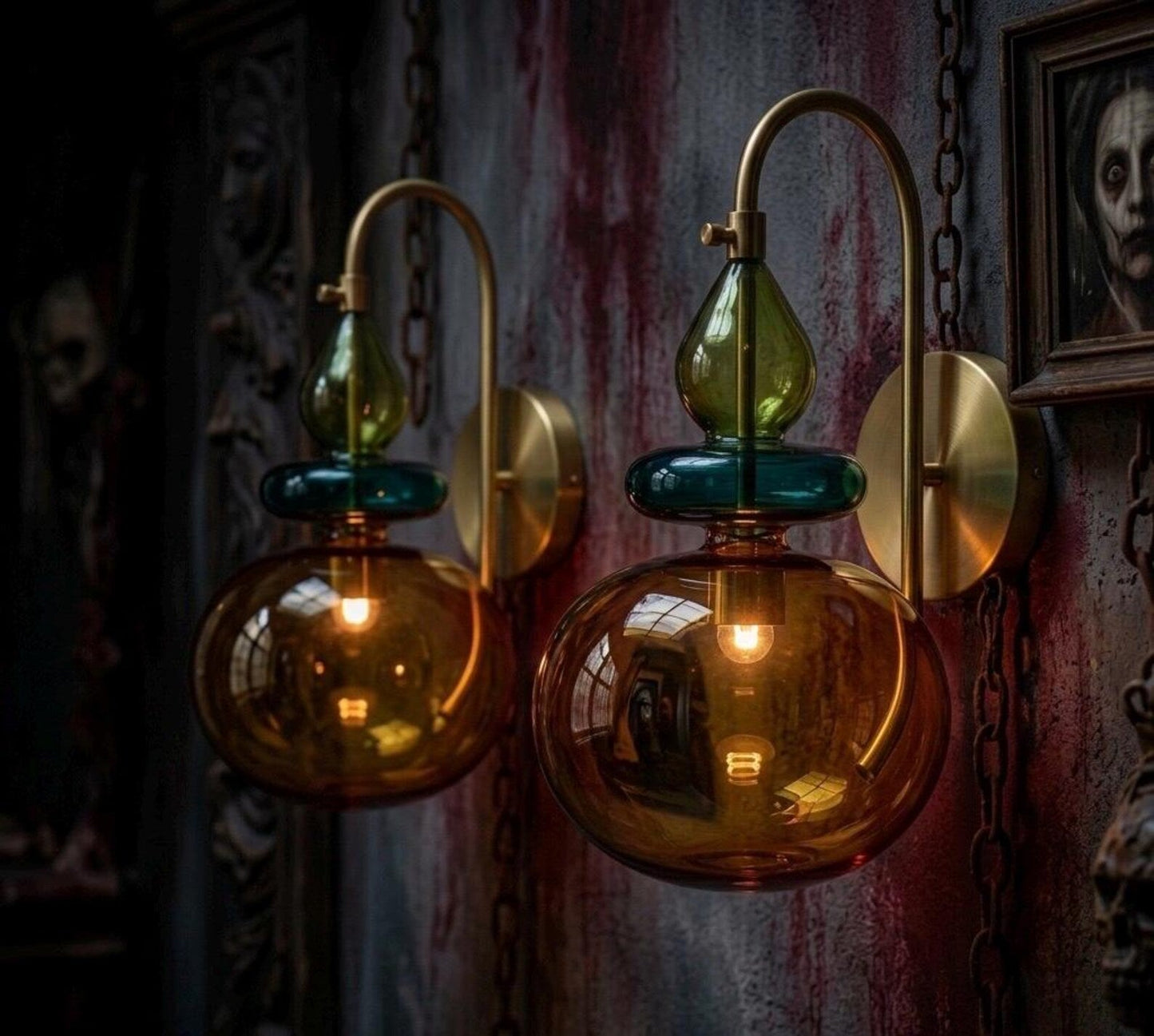 Pair of wall-mounted lamps with glass shades in a dimly lit room.