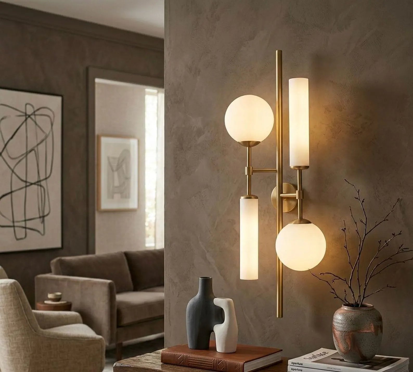 Modern wall sconce with spherical lights in a living room setting.