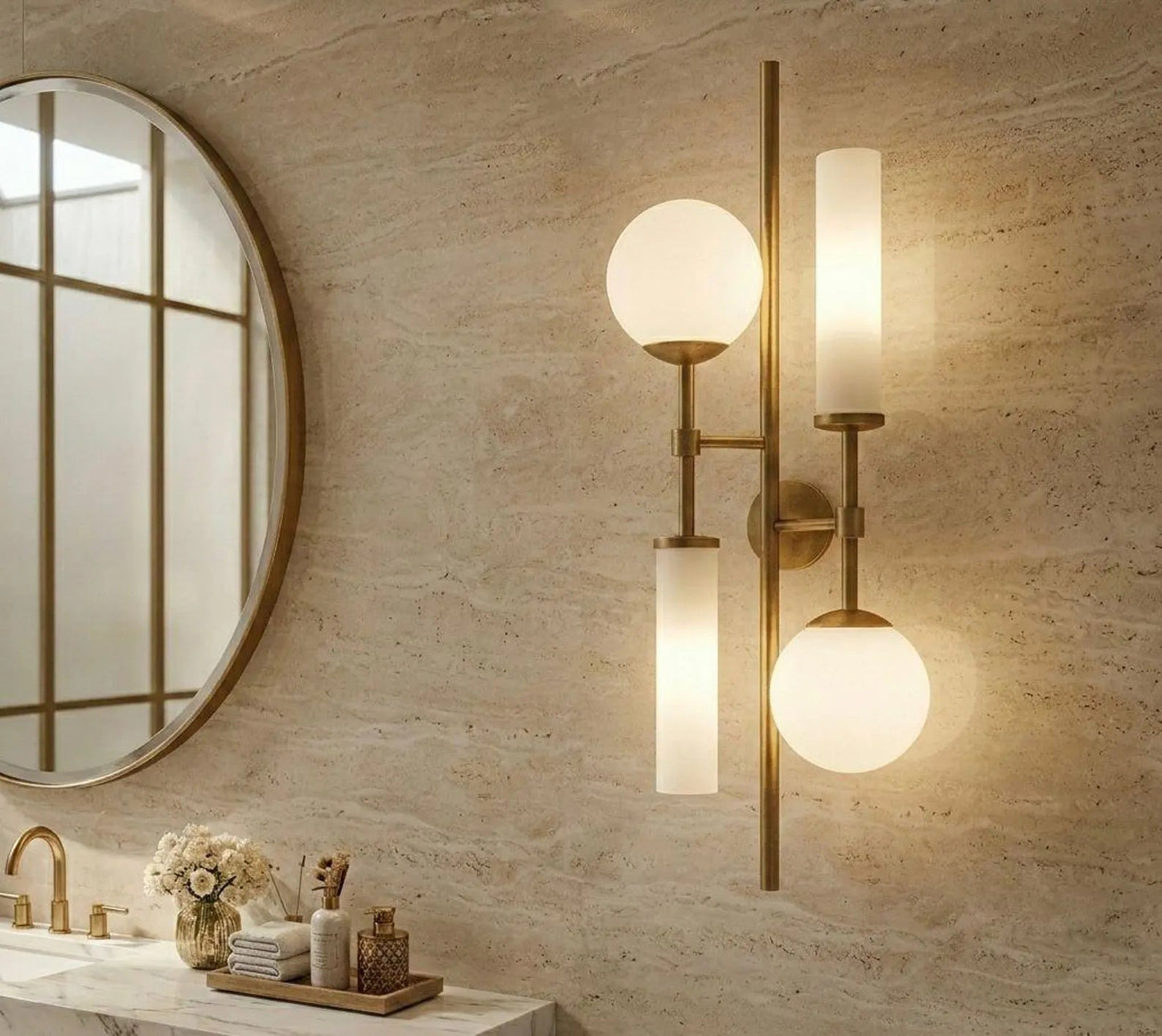 Modern wall sconce with spherical lights on a beige marble wall above a bathroom vanity.