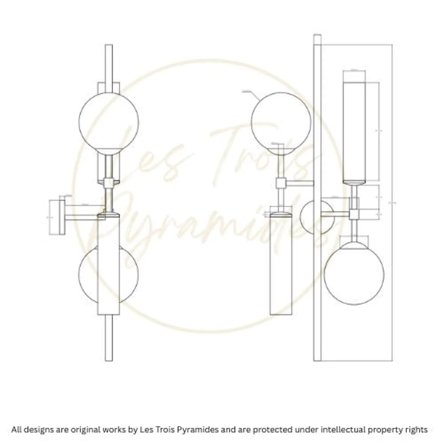 Technical drawing of a wall sconce with 'Les Trois Pyramides' branding.