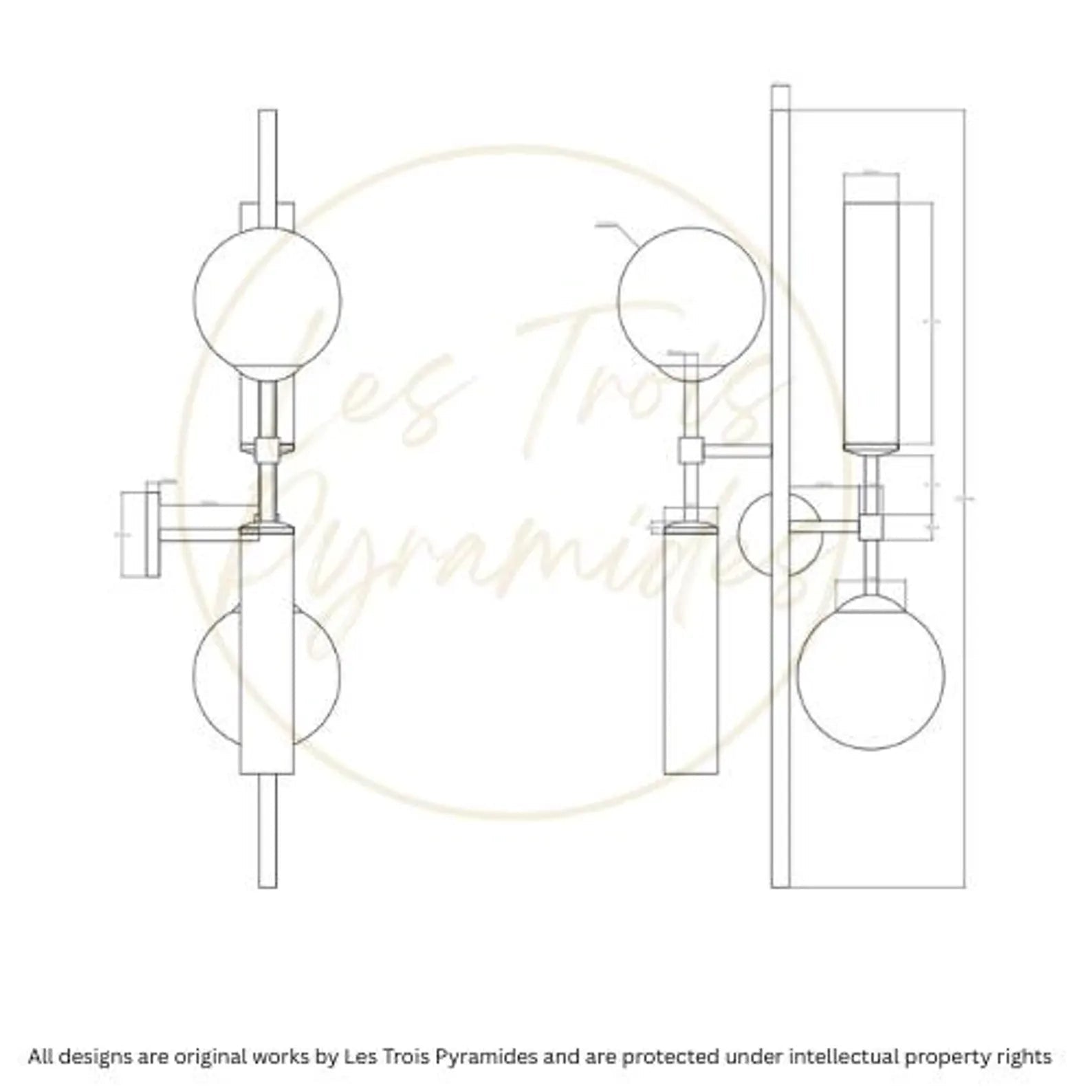 Technical drawing of a wall sconce with 'Les Trois Pyramides' branding.