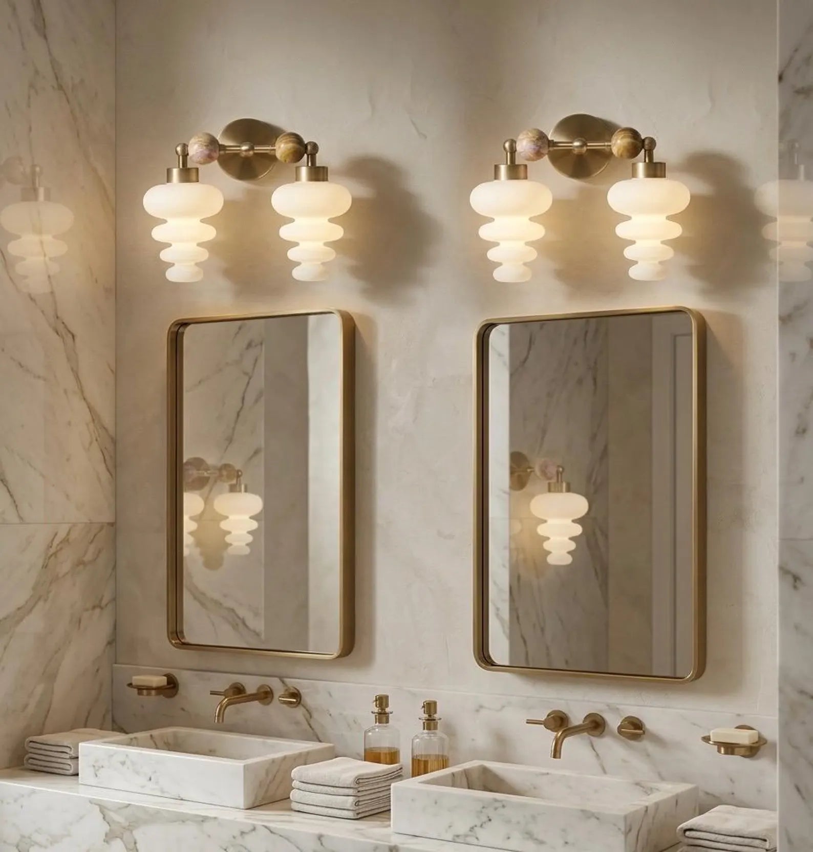 Modern Brass Wall Sconce with Marble & Frosted Glass – Horizontal Wall Light | Les Trois Pyramides
