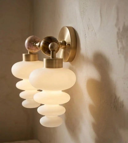 Modern Brass Wall Sconce with Marble & Frosted Glass – Horizontal Wall Light | Les Trois Pyramides