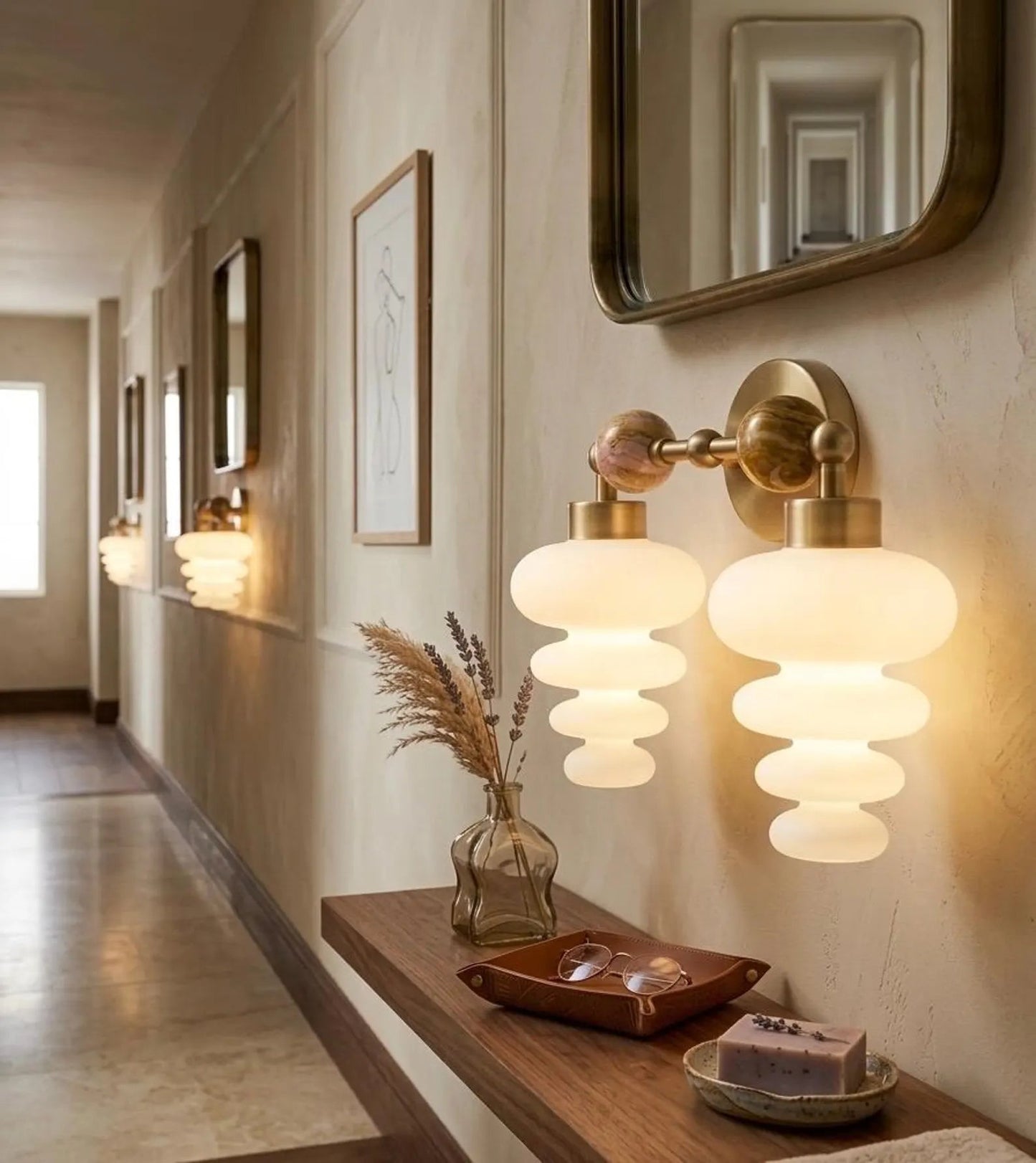 Modern Brass Wall Sconce with Marble & Frosted Glass – Horizontal Wall Light | Les Trois Pyramides