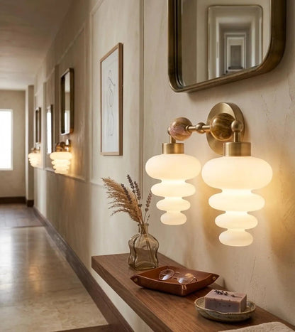 Modern Brass Wall Sconce with Marble & Frosted Glass – Horizontal Wall Light | Les Trois Pyramides