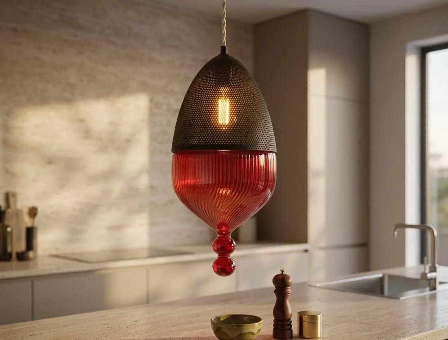 Modern Ceiling Light with Black Metal Chapeau - Les Trois Pyramides 