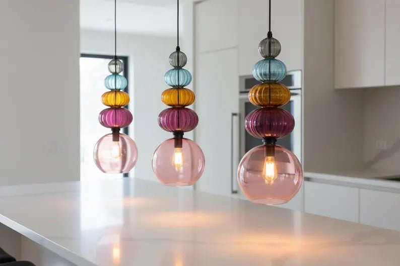 Modern Glass Pendant Light | Hanging Ceiling Lamp for Kitchen Island & Living Room | Designer Glass Light Fixture | Les Trois Pyramides