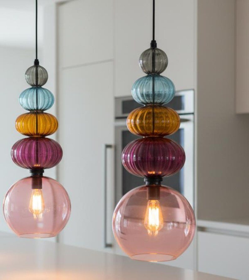 Modern Glass Pendant Light | Hanging Ceiling Lamp for Kitchen Island & Living Room | Designer Glass Light Fixture | Les Trois Pyramides