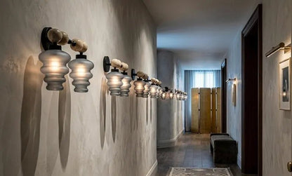 Modern Wall Sconce with Frosted Grey Double Glass | Marble and Frosted Glass Light Fixture | Les Trois Pyramides