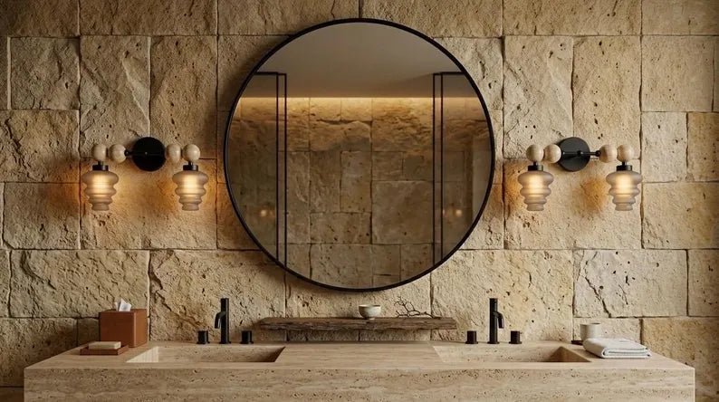 Modern Wall Sconce with Frosted Grey Double Glass | Marble and Frosted Glass Light Fixture | Les Trois Pyramides