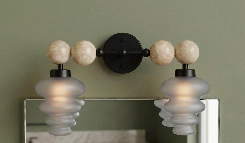 Modern Wall Sconce with Frosted Grey Double Glass | Marble and Frosted Glass Light Fixture | Les Trois Pyramides