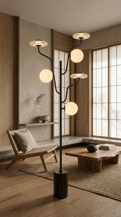 Modern Floor Lamp Marble Base, Frosted Glass Globe Lamp, Multi Arm Standing Light, Living Room Statement Lighting, Handmade Floor Light | Les Trois Pyramides