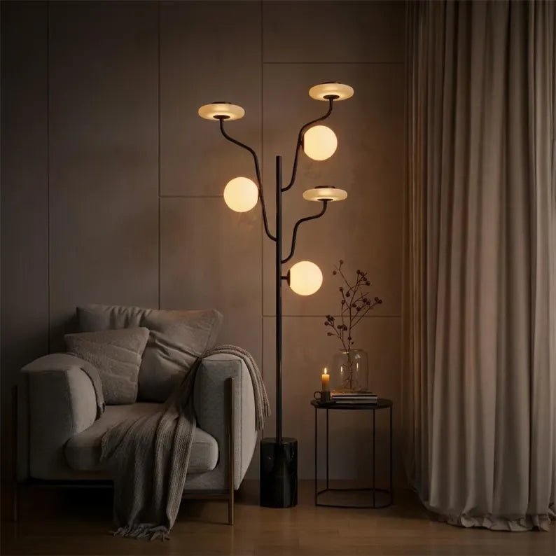 Modern Floor Lamp Marble Base, Frosted Glass Globe Lamp, Multi Arm Standing Light, Living Room Statement Lighting, Handmade Floor Light | Les Trois Pyramides