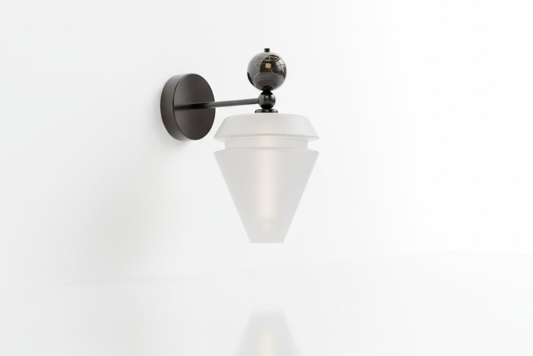 Modern Frosted Glass Wall Sconce with Black Arm – Handmade Contemporary Lighting