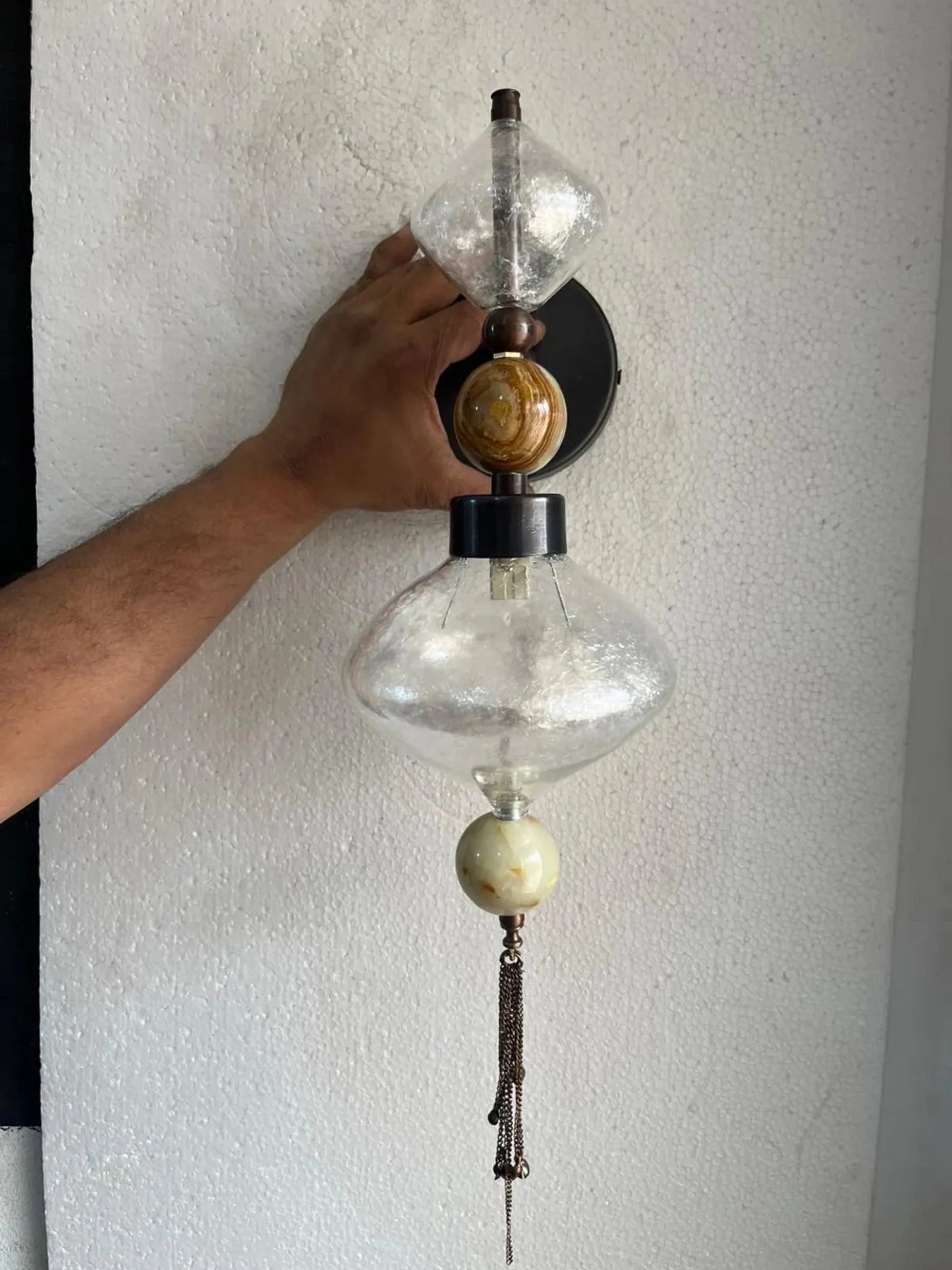 Modern Glass Wall Sconce with Onyx Accent - Artisanal lighting - Les Trois Pyramides