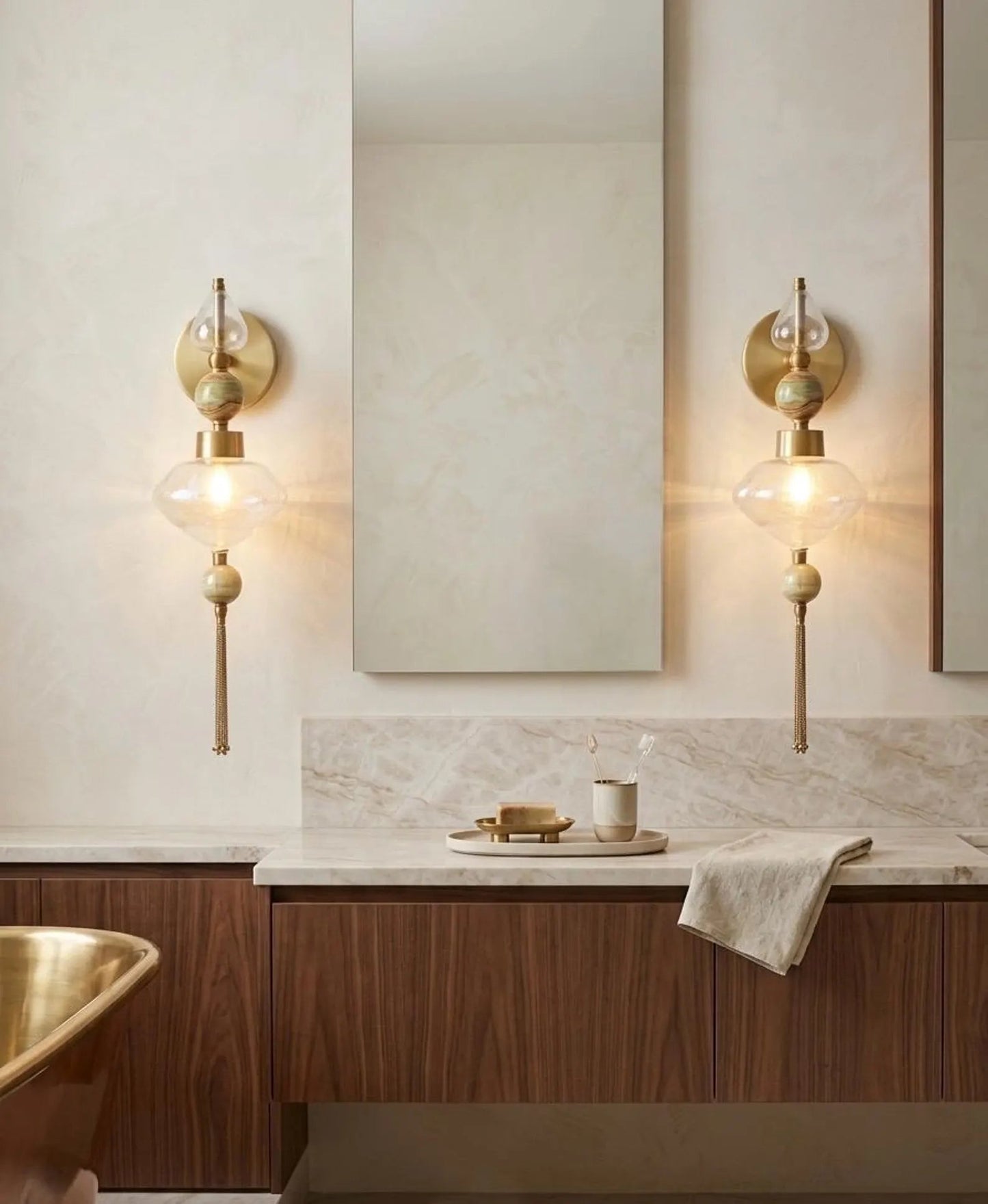 Modern Glass Wall Sconce with Onyx Accent - Artisanal lighting - Les Trois Pyramides