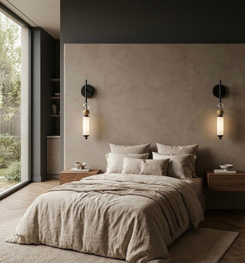 Modern Brass Frosted Globe Tube Wall Sconce - Bedside Bathroom - Vanity Light Fixture | Les Trois Pyramides
