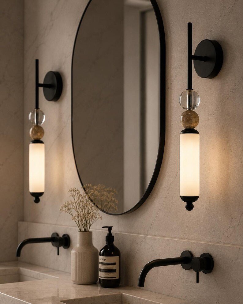 Modern Brass Frosted Globe Tube Wall Sconce - Bedside Bathroom - Vanity Light Fixture | Les Trois Pyramides