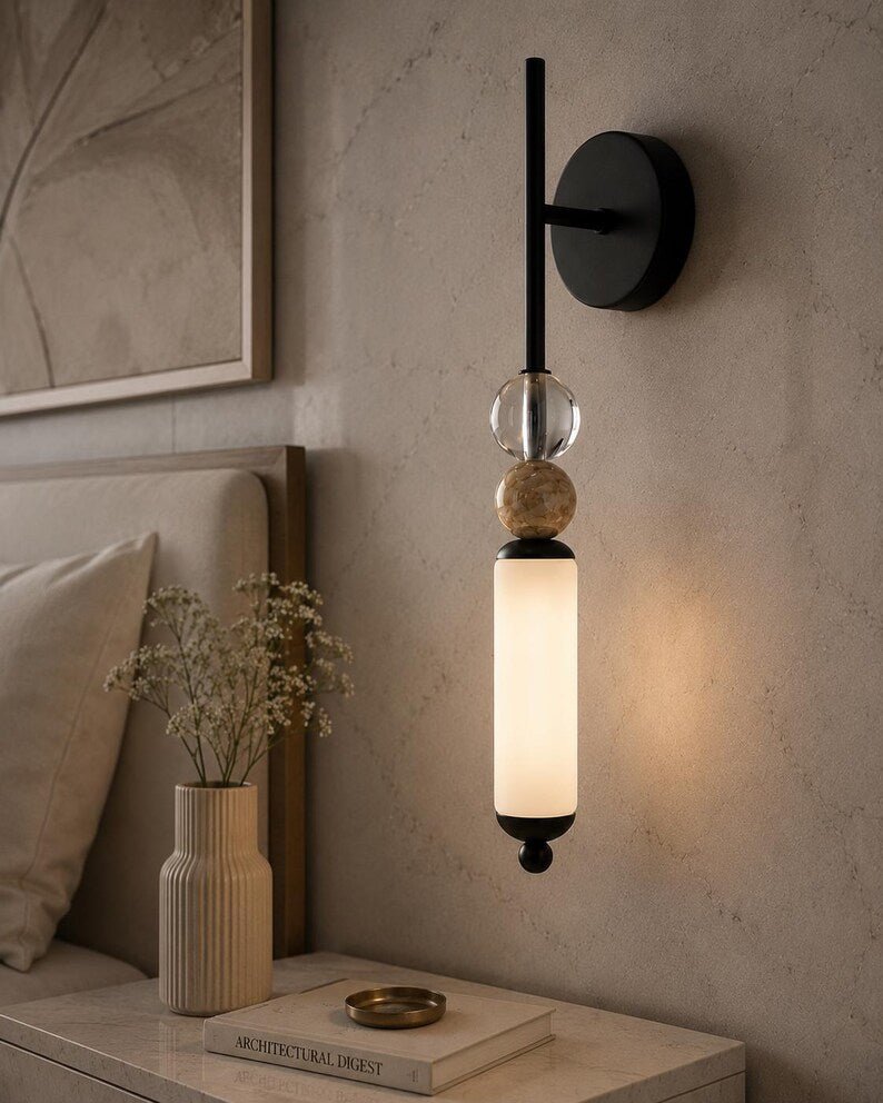 Modern Brass Frosted Globe Tube Wall Sconce - Bedside Bathroom - Vanity Light Fixture | Les Trois Pyramides