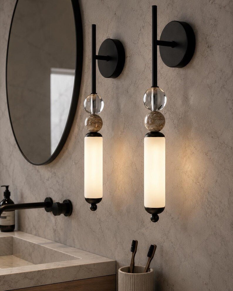 Modern Brass Frosted Globe Tube Wall Sconce - Bedside Bathroom - Vanity Light Fixture | Les Trois Pyramides