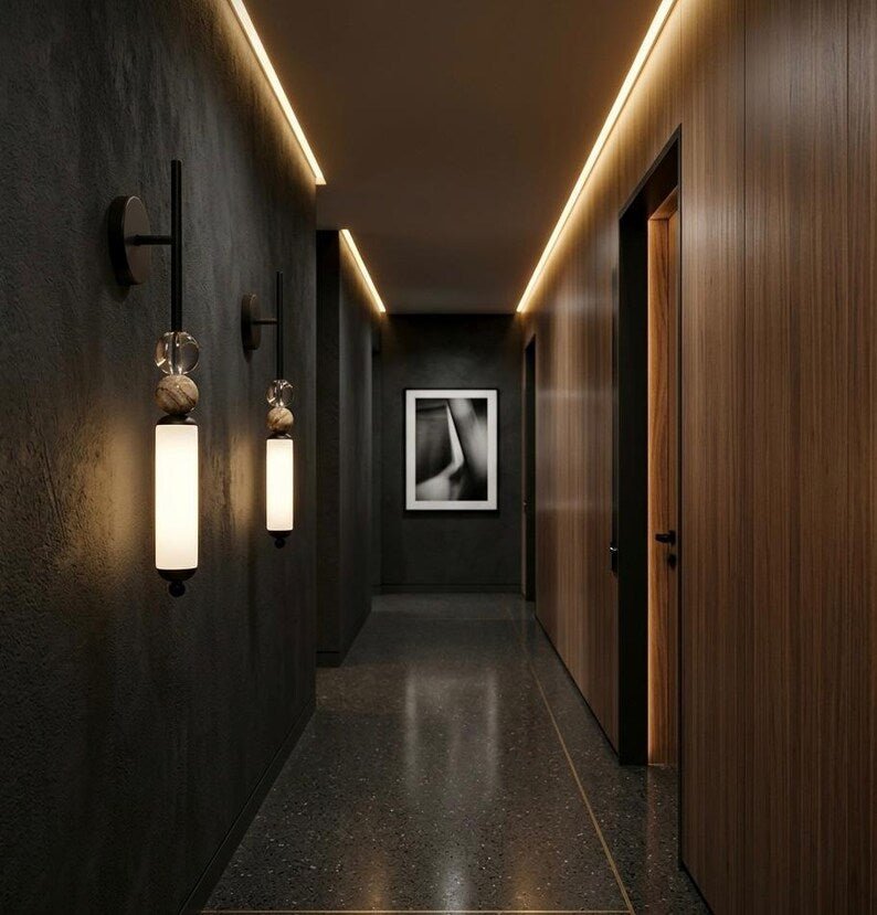 Modern Brass Frosted Globe Tube Wall Sconce - Bedside Bathroom - Vanity Light Fixture | Les Trois Pyramides