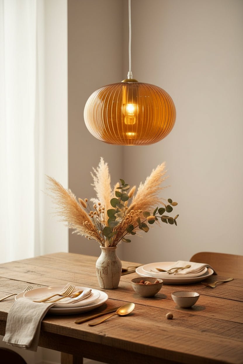 Modern Orange Glass Pendant Light – Ribbed Blown Glass Hanging Lamp