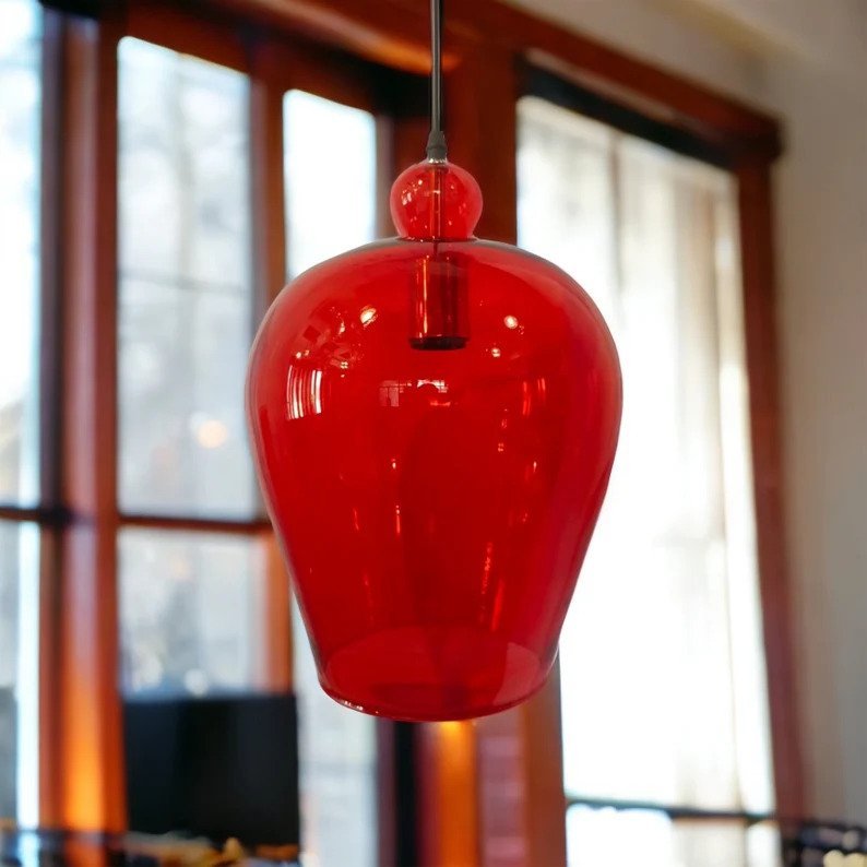 Modern Red Blown Glass Pendant Light - Les Trois Pyramides 