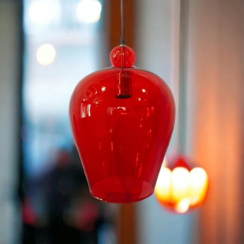 Modern Red Blown Glass Pendant Light - Les Trois Pyramides 