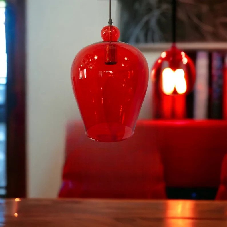 Modern Red Blown Glass Pendant Light - Les Trois Pyramides 