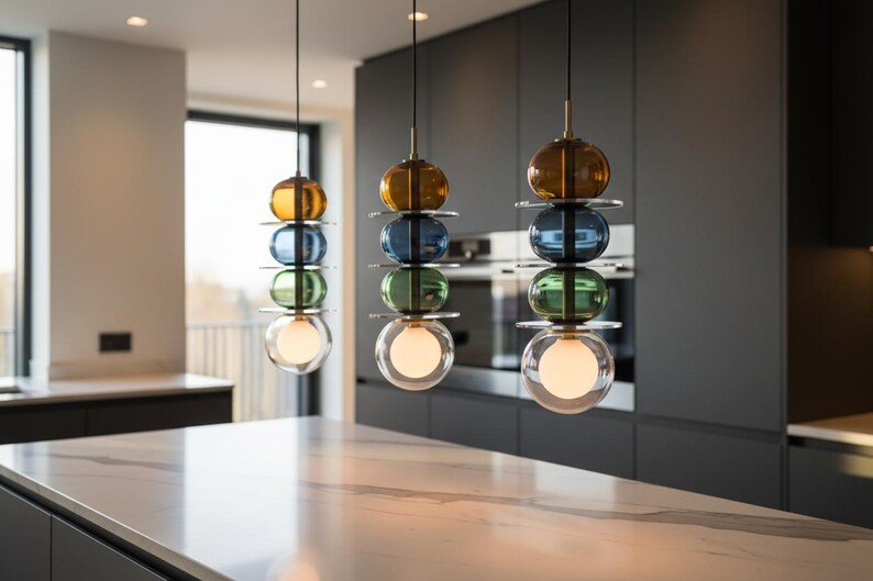 Modern Glass Pendant Light | Hanging Ceiling Lamp for Kitchen Island & Living Room | Designer Glass Light Fixture | Les Trois Pyramides
