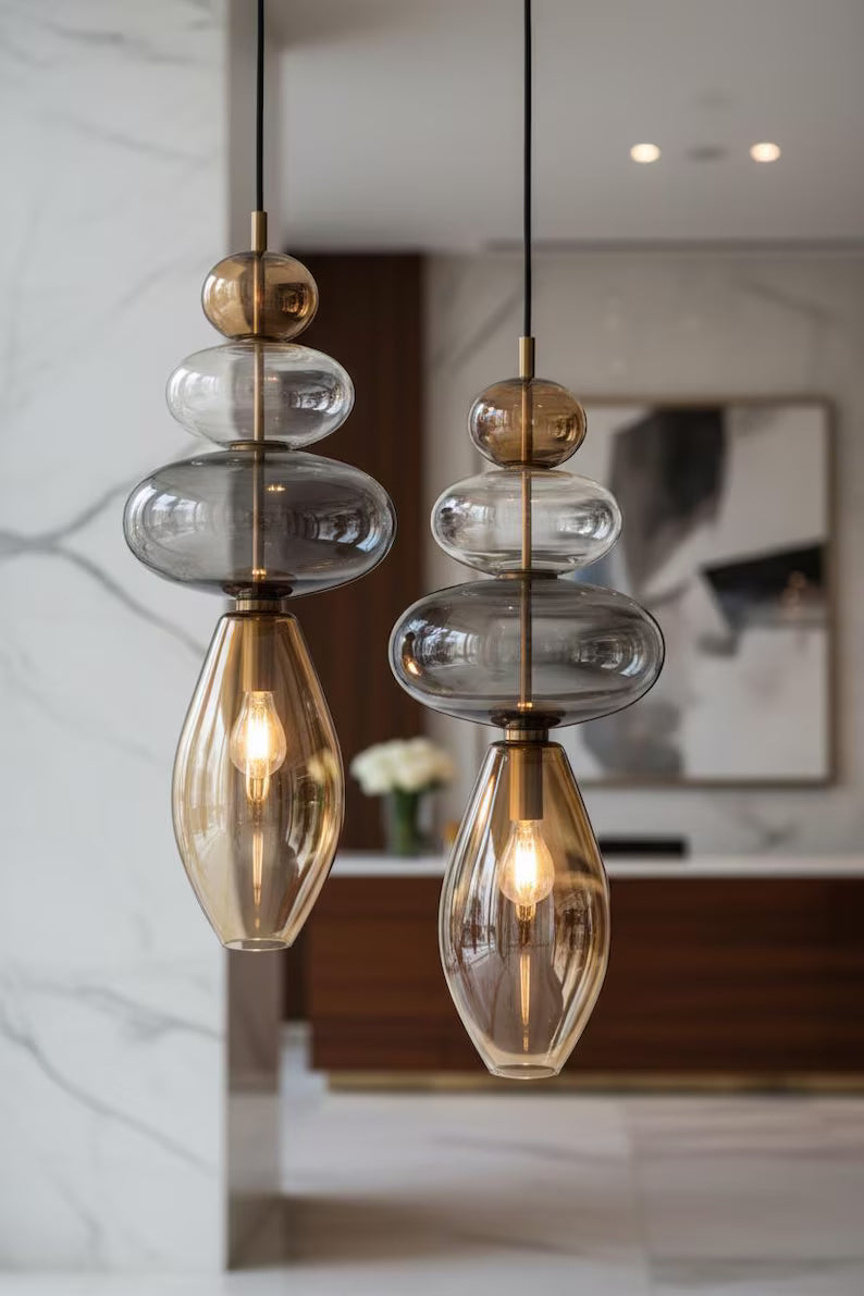 Glass Pendant Light, Modern Hanging Light, Blown Glass Ceiling Lamp, Bedside Pendant, Kitchen Island Lighting | Les Trois Pyramides