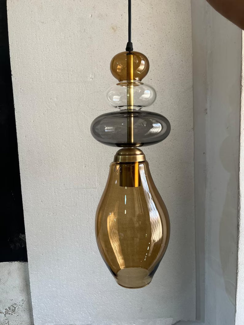 Glass Pendant Light, Modern Hanging Light, Blown Glass Ceiling Lamp, Bedside Pendant, Kitchen Island Lighting | Les Trois Pyramides
