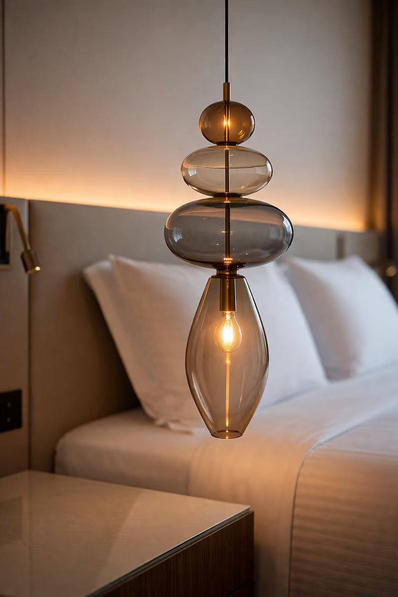 Glass Pendant Light, Modern Hanging Light, Blown Glass Ceiling Lamp, Bedside Pendant, Kitchen Island Lighting | Les Trois Pyramides