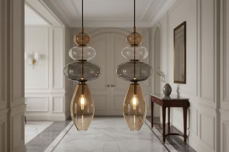 Glass Pendant Light, Modern Hanging Light, Blown Glass Ceiling Lamp, Bedside Pendant, Kitchen Island Lighting | Les Trois Pyramides