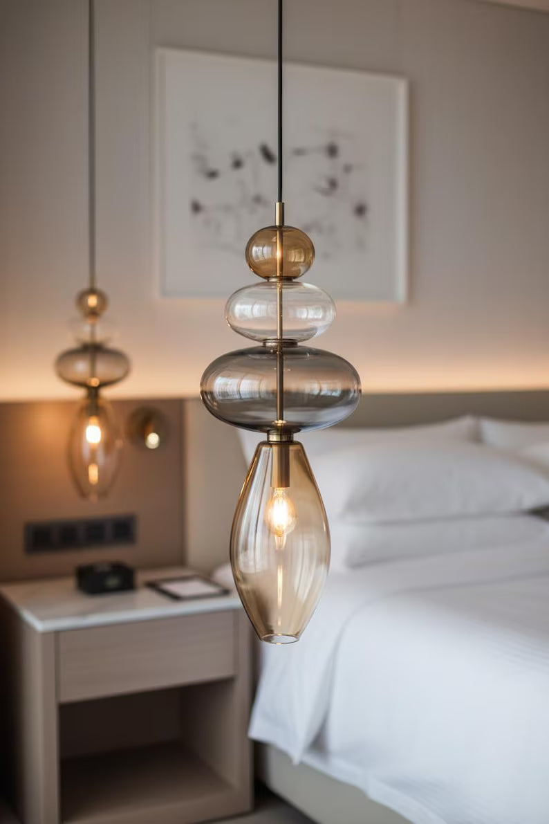 Glass Pendant Light, Modern Hanging Light, Blown Glass Ceiling Lamp, Bedside Pendant, Kitchen Island Lighting | Les Trois Pyramides