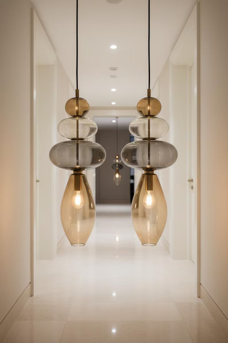 Glass Pendant Light, Modern Hanging Light, Blown Glass Ceiling Lamp, Bedside Pendant, Kitchen Island Lighting | Les Trois Pyramides