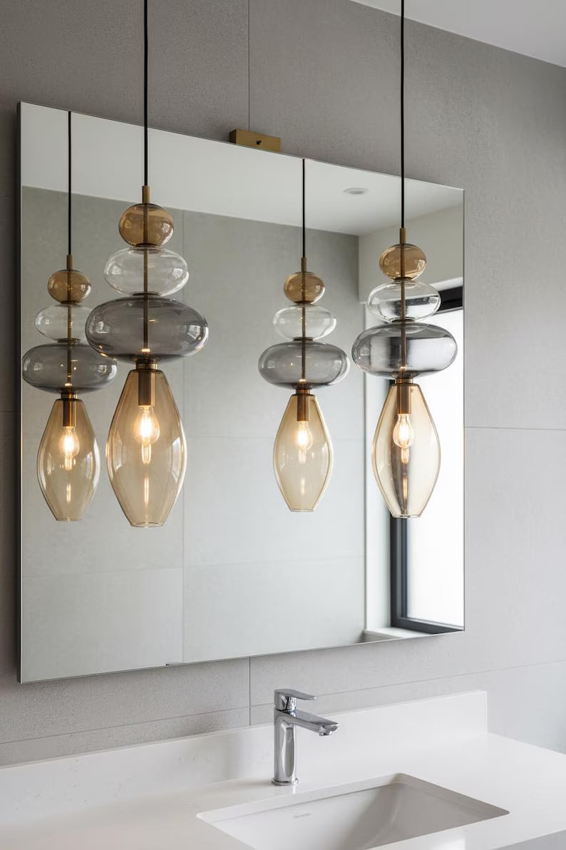 Glass Pendant Light, Modern Hanging Light, Blown Glass Ceiling Lamp, Bedside Pendant, Kitchen Island Lighting | Les Trois Pyramides