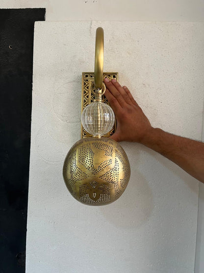 Moroccan Brass Wall Light – Handmade Perforated Metal Wall Sconce with Blown Glass Accent