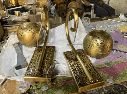 Moroccan Brass Wall Light – Handmade Perforated Metal Wall Sconce with Blown Glass Accent