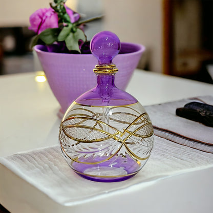 Hand Blown Engraved perfume Bottle with 14K Gold lining | Violet Fragrance Bottle