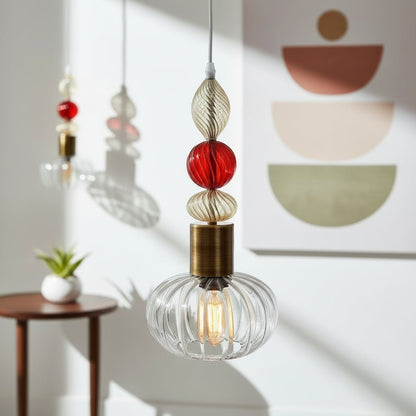 Multi-Sphere Glass Pendant Light with Red Accent and Clear Ribbed Shade
