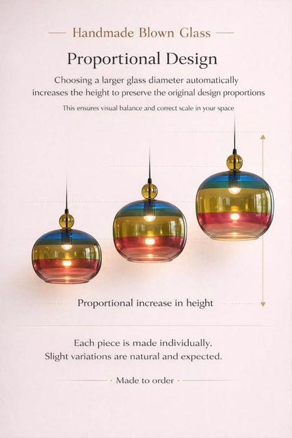 Three colorful glass pendant lights with text about proportional design and handmade nature