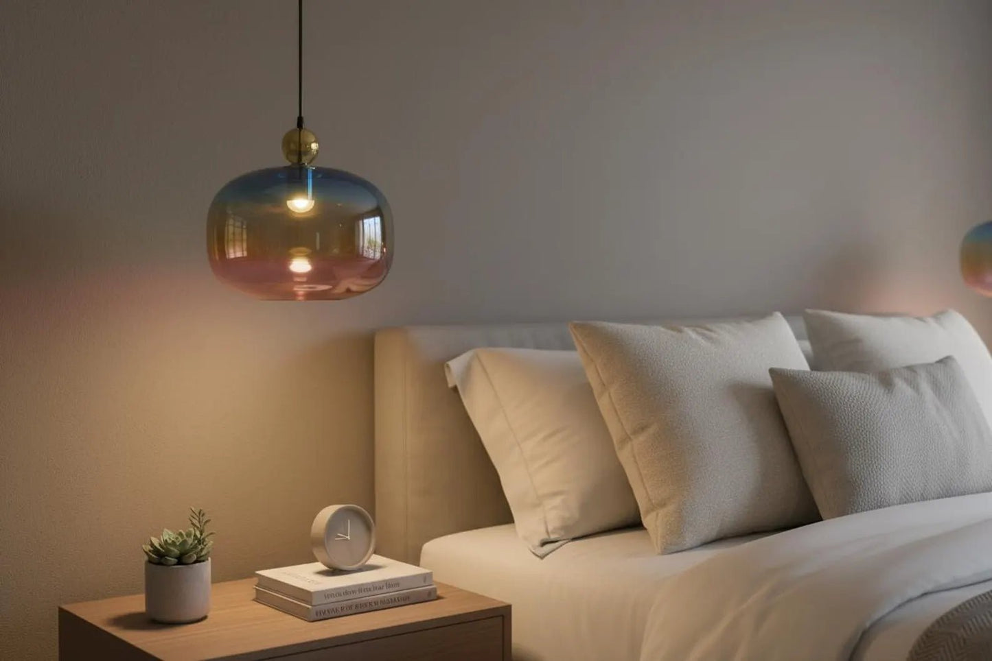 Modern bedroom with a bed, nightstand, and pendant light.
