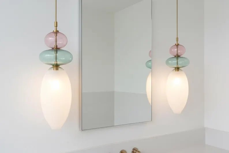 Hand Blown Glass Pendant Light, Murano Style Hanging Lamp, Brass Kitchen Island Pendant, Multicolor Glass Ceiling Light, Modern Lighting | Les Trois Pyramides