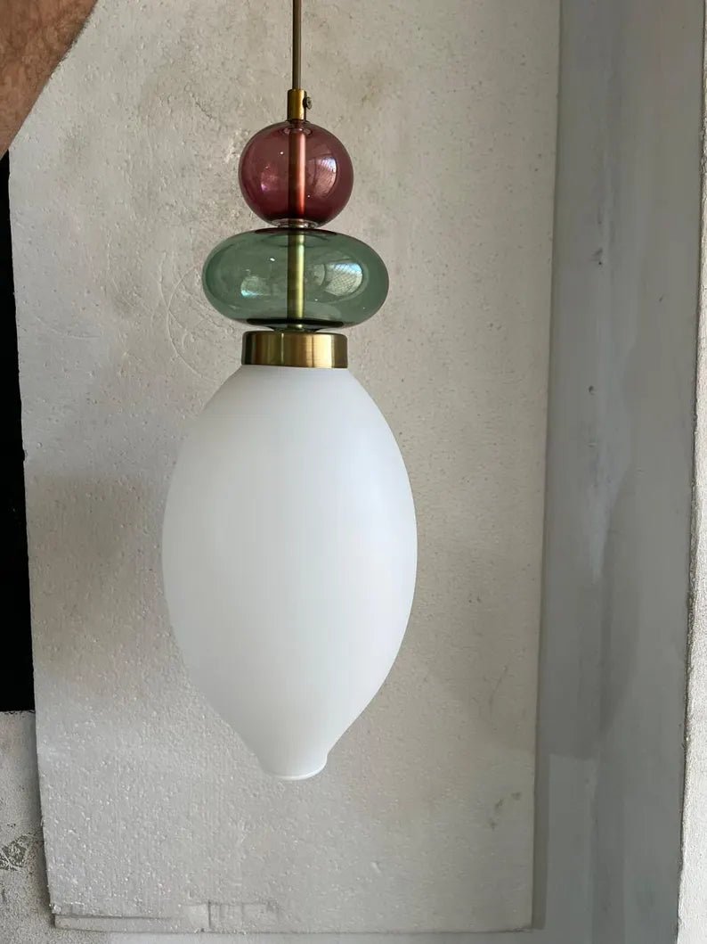 Hand Blown Glass Pendant Light, Murano Style Hanging Lamp, Brass Kitchen Island Pendant, Multicolor Glass Ceiling Light, Modern Lighting | Les Trois Pyramides
