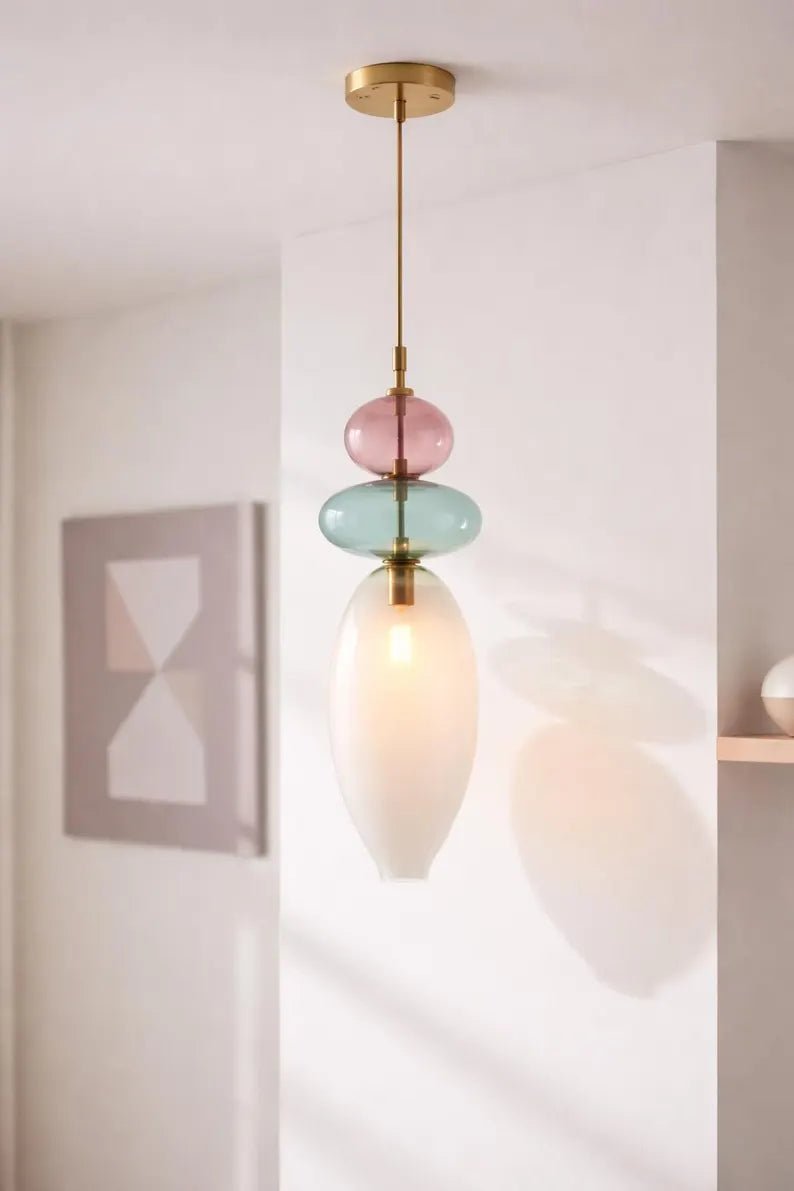 Hand Blown Glass Pendant Light, Murano Style Hanging Lamp, Brass Kitchen Island Pendant, Multicolor Glass Ceiling Light, Modern Lighting | Les Trois Pyramides