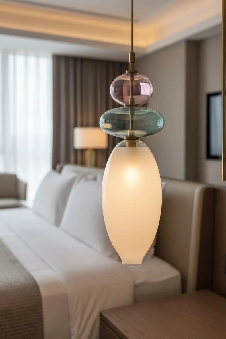 Hand Blown Glass Pendant Light, Murano Style Hanging Lamp, Brass Kitchen Island Pendant, Multicolor Glass Ceiling Light, Modern Lighting | Les Trois Pyramides