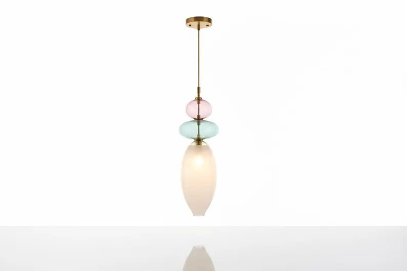 Hand Blown Glass Pendant Light, Murano Style Hanging Lamp, Brass Kitchen Island Pendant, Multicolor Glass Ceiling Light, Modern Lighting | Les Trois Pyramides