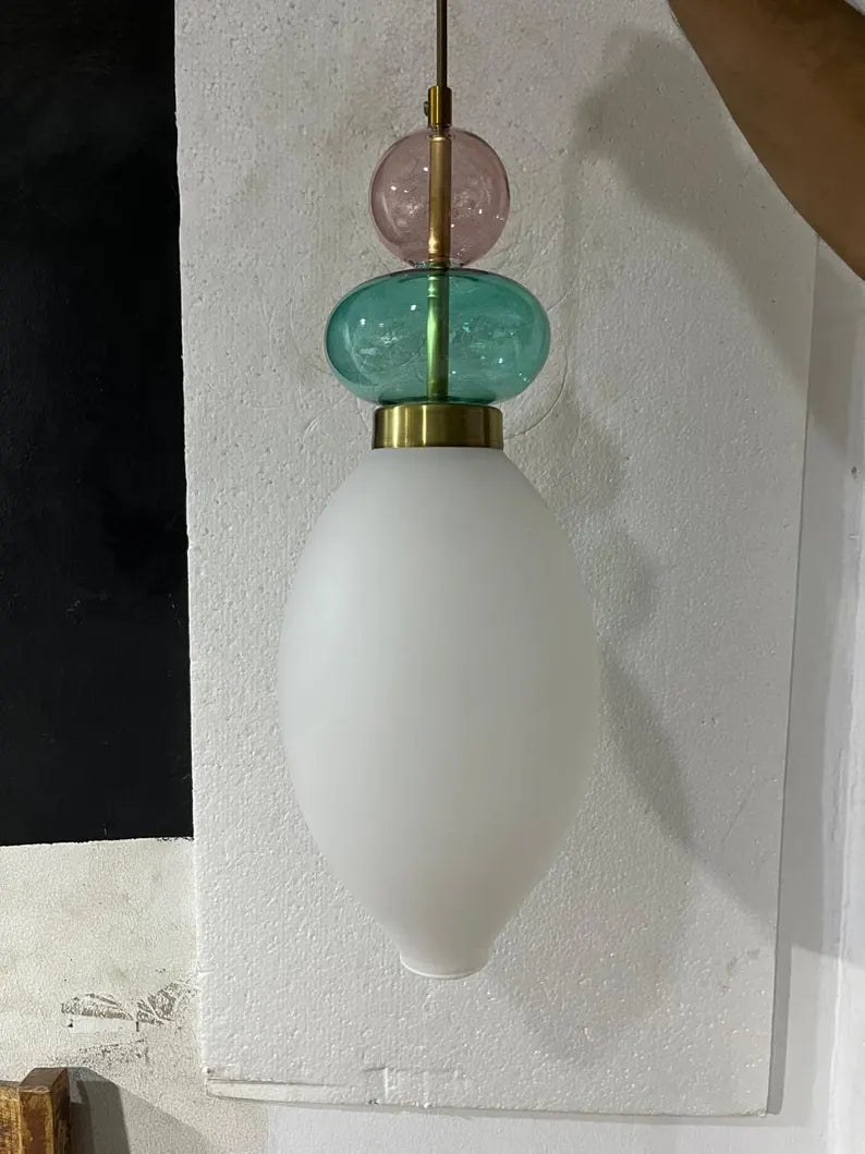 Hand Blown Glass Pendant Light, Murano Style Hanging Lamp, Brass Kitchen Island Pendant, Multicolor Glass Ceiling Light, Modern Lighting | Les Trois Pyramides