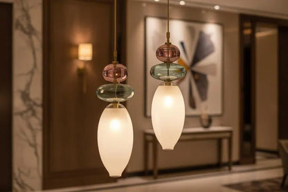 Hand Blown Glass Pendant Light, Murano Style Hanging Lamp, Brass Kitchen Island Pendant, Multicolor Glass Ceiling Light, Modern Lighting | Les Trois Pyramides